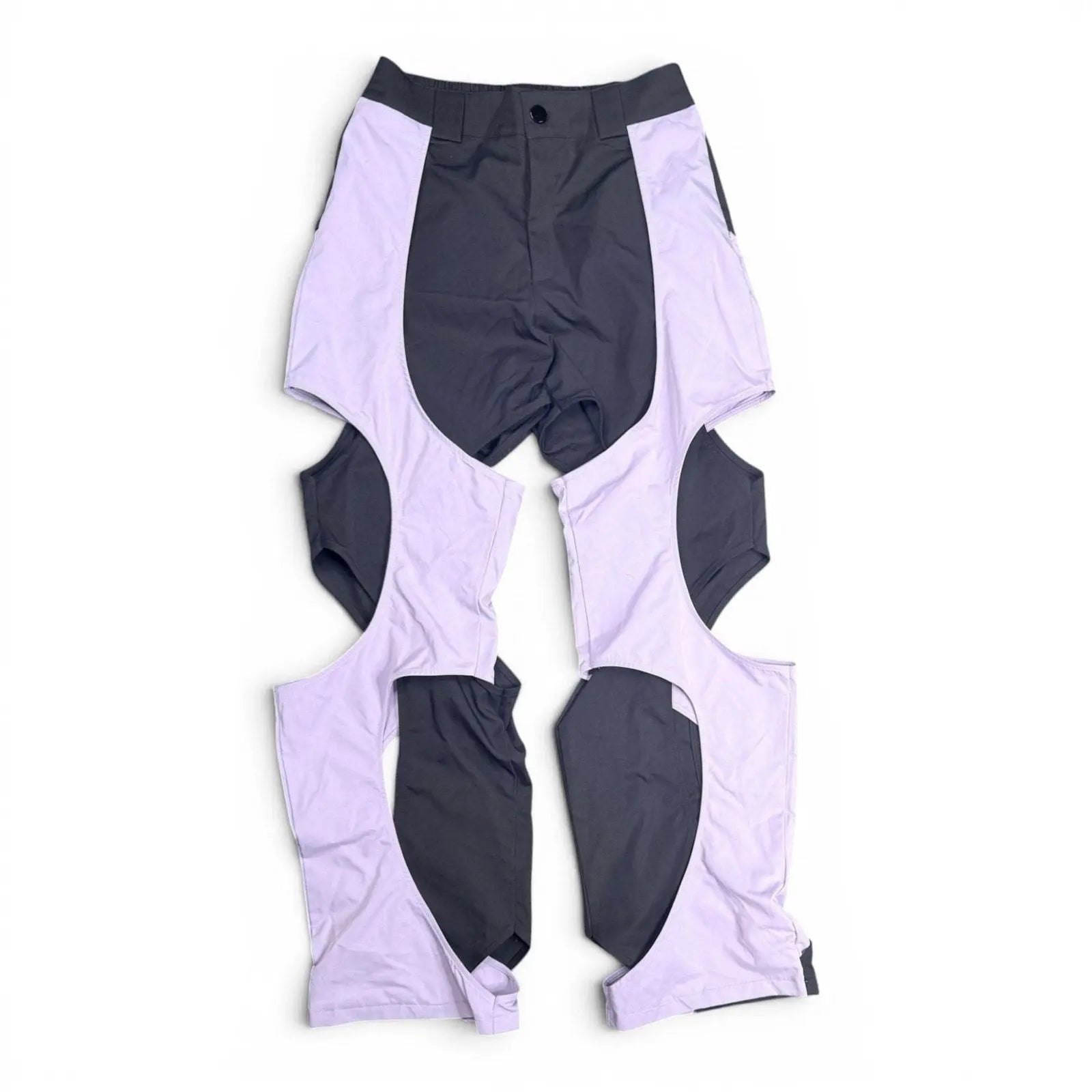Lavender and Black Two-Tone Cut-Out Techwear Pants Fashion Trousers Size S Unbranded