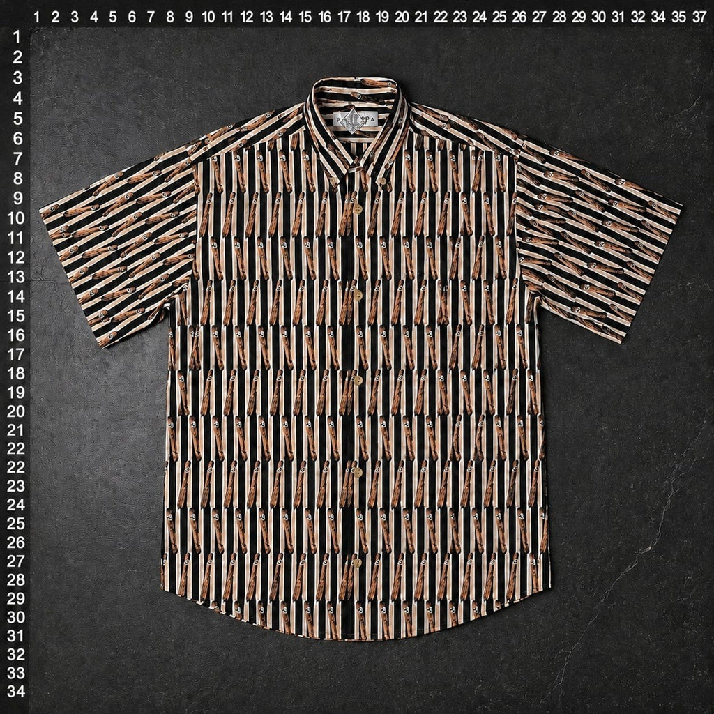 O.M.THRIFT vintage short sleeve button down shirt in 100% cotton with an all-over cigar and vertical stripe print.