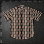 O.M.THRIFT vintage short sleeve button down shirt in 100% cotton with an all-over cigar and vertical stripe print.