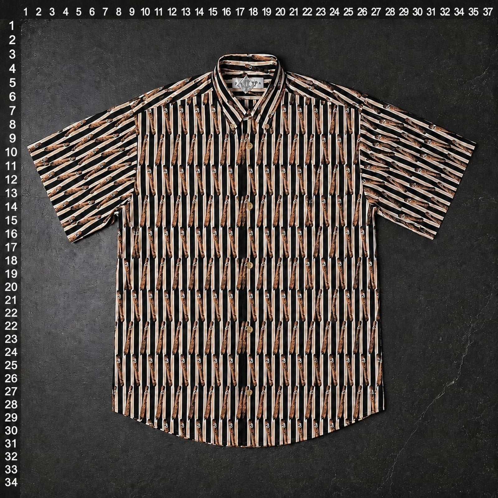 O.M.THRIFT vintage short sleeve button down shirt in 100% cotton with an all-over cigar and vertical stripe print.