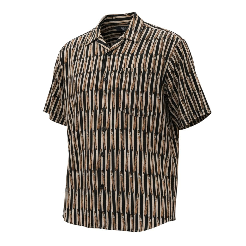 O.M.THRIFT vintage short sleeve button down shirt with all-over cigar print and vertical stripes in 100% cotton.