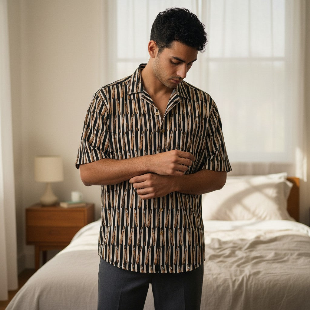 O.M.THRIFT vintage short sleeve button down shirt with all-over cigar print and vertical stripes on a man