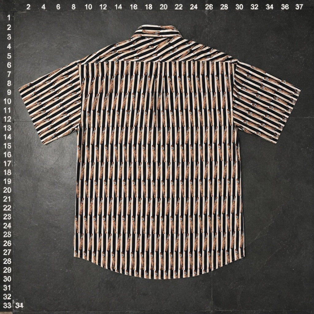 O.M.THRIFT vintage short sleeve button down shirt with an all-over cigar graphic print and vertical stripes.