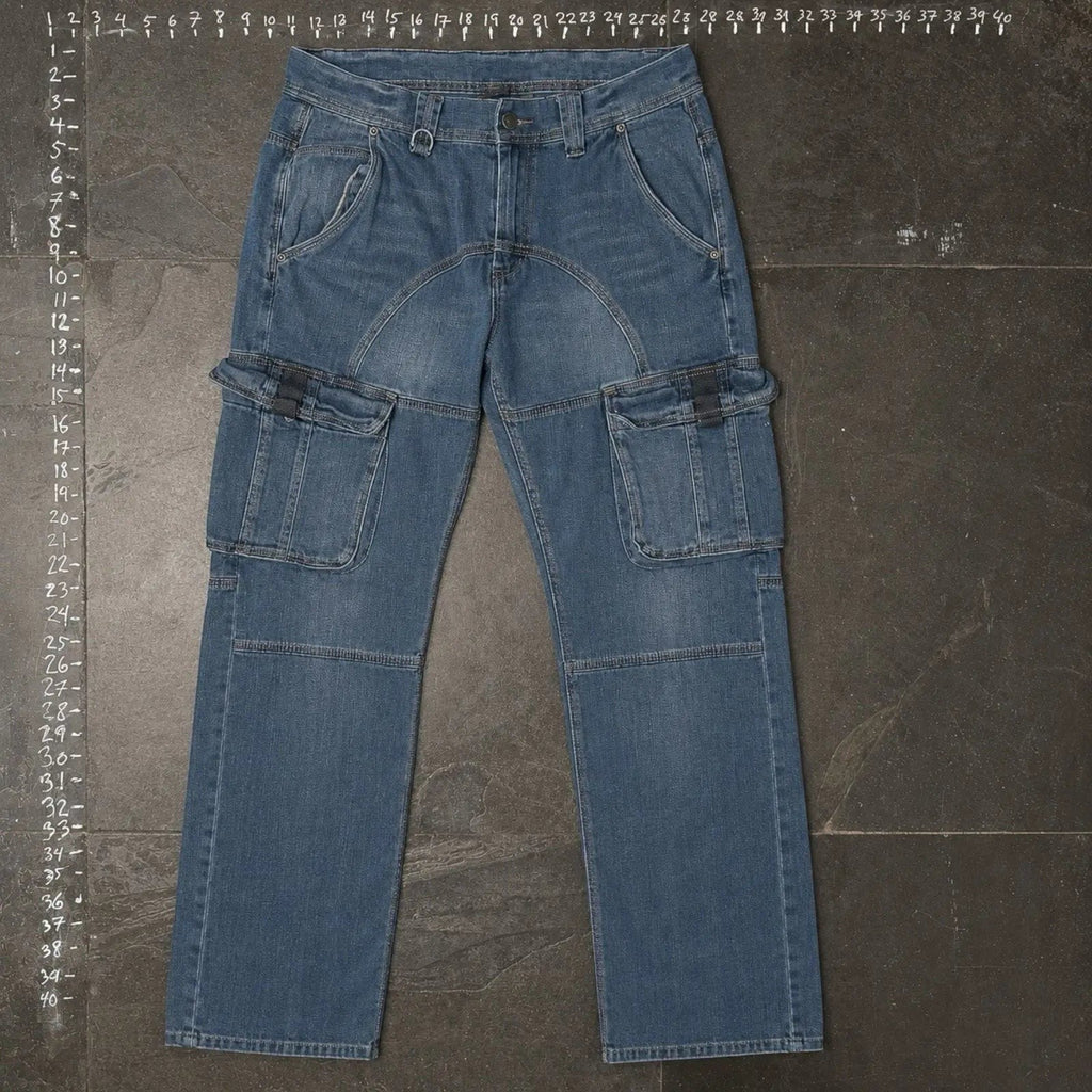 The Room Collective Armani Exchange A|X blue denim cargo jeans size 33 with contrast stitching and zippered rear pockets.