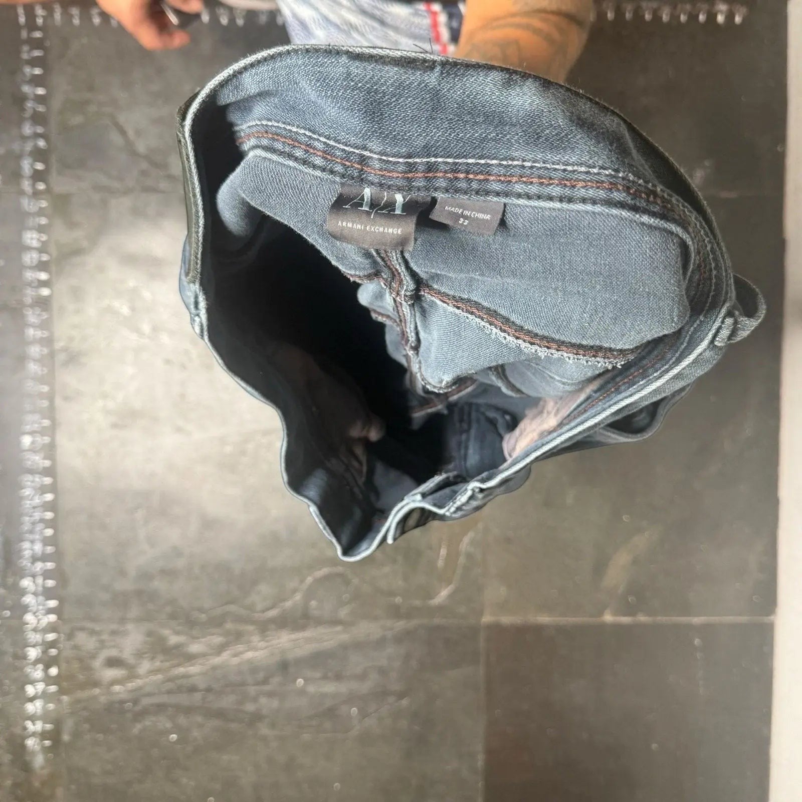 The Room Collective Armani Exchange A|X blue denim cargo jeans size 33 with contrast stitching and D-ring.