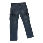The Room Collective Armani Exchange Men's A|X dark wash denim biker cargo jeans, size 33, with six pockets and reinforced stitching.