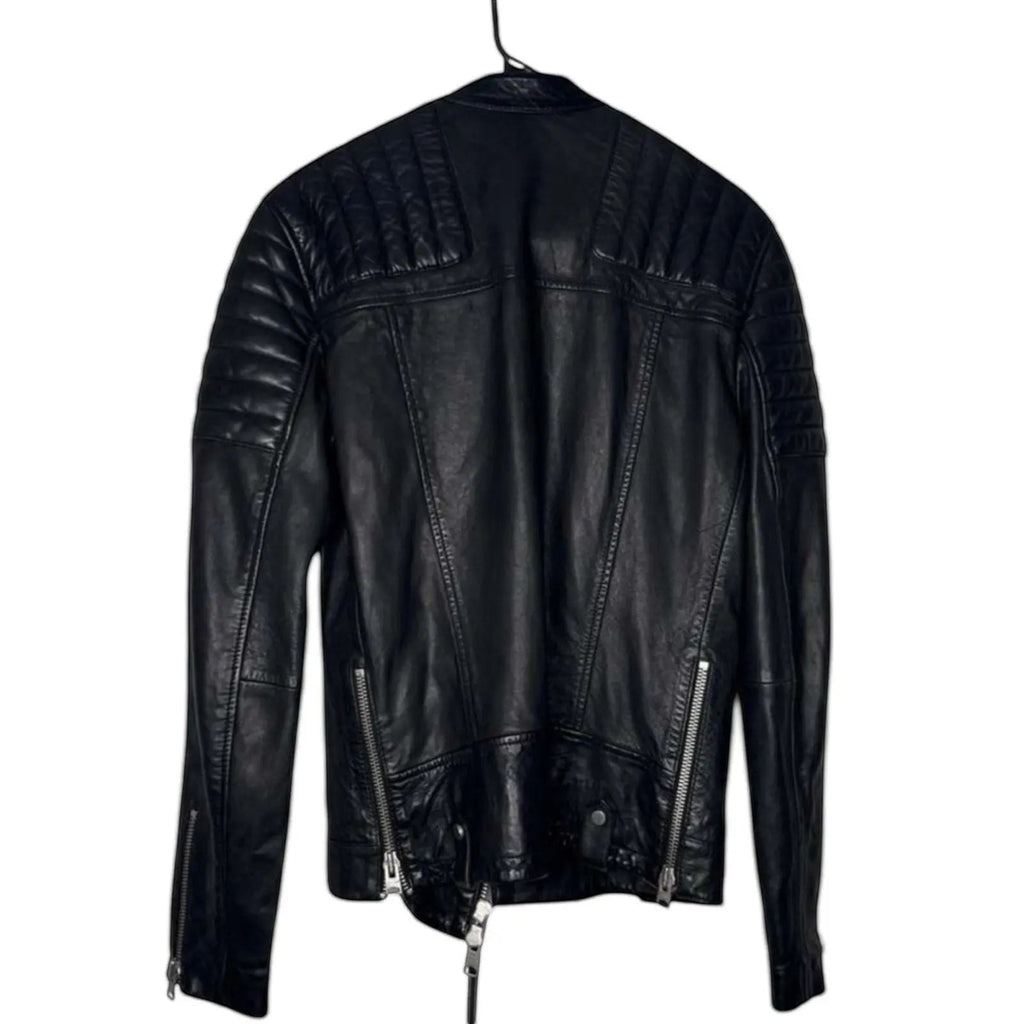 The Room Collective black leather biker jacket for men with quilted shoulders and zip details.
