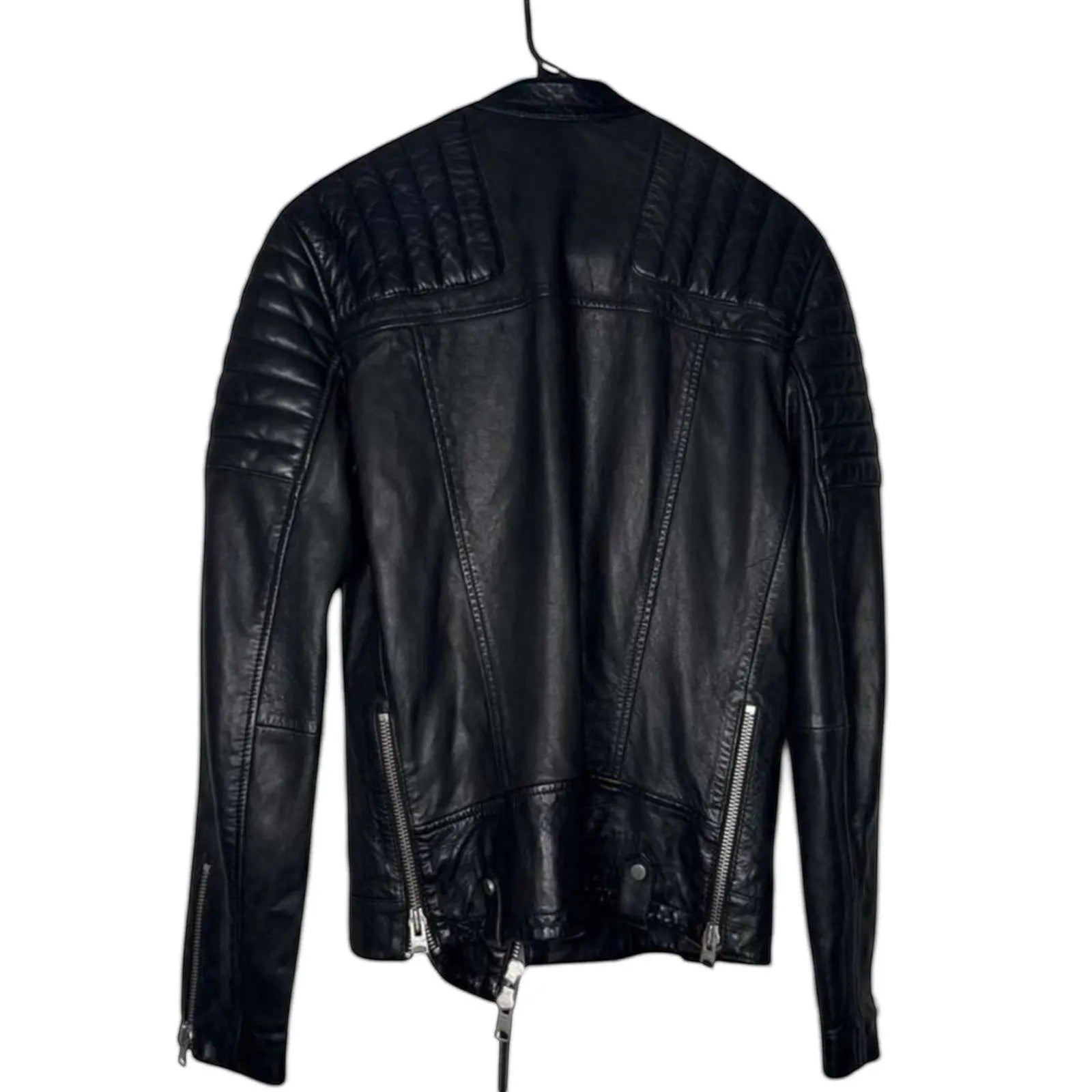 The Room Collective black leather biker jacket for men with quilted shoulders and zip details.