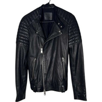 The Room Collective black leather biker jacket for men with quilted shoulders and asymmetric zip front.