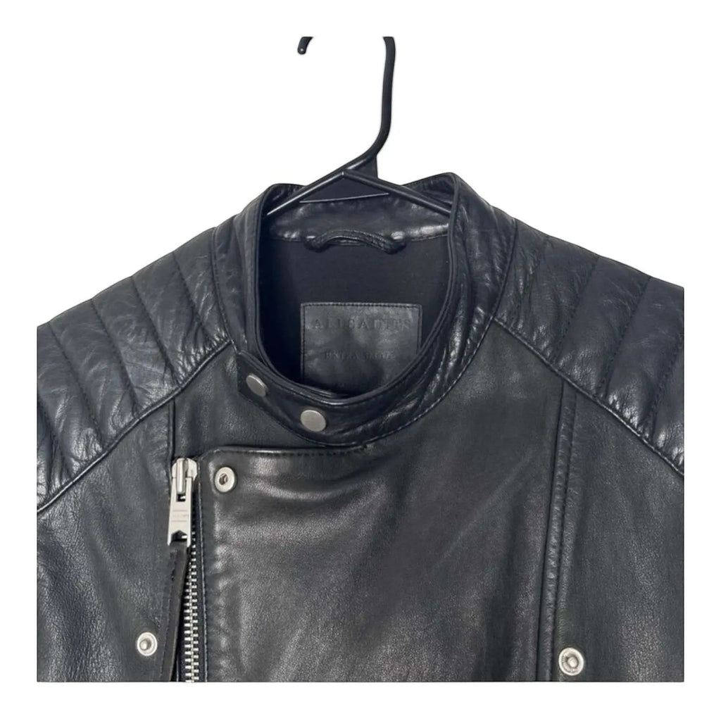 The Room Collective black leather biker jacket for men with quilted shoulders and asymmetric zip. Size L.