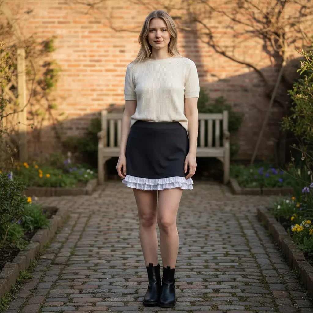 The Room Collective black mini skirt with white ruffled hem, high-waisted, stretchy polyester-spandex blend.