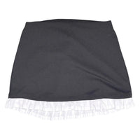 The Room Collective black mini skirt with white ruffled hem. High-waisted, slim fit, stretchy polyester/spandex blend with cotton ruffle.