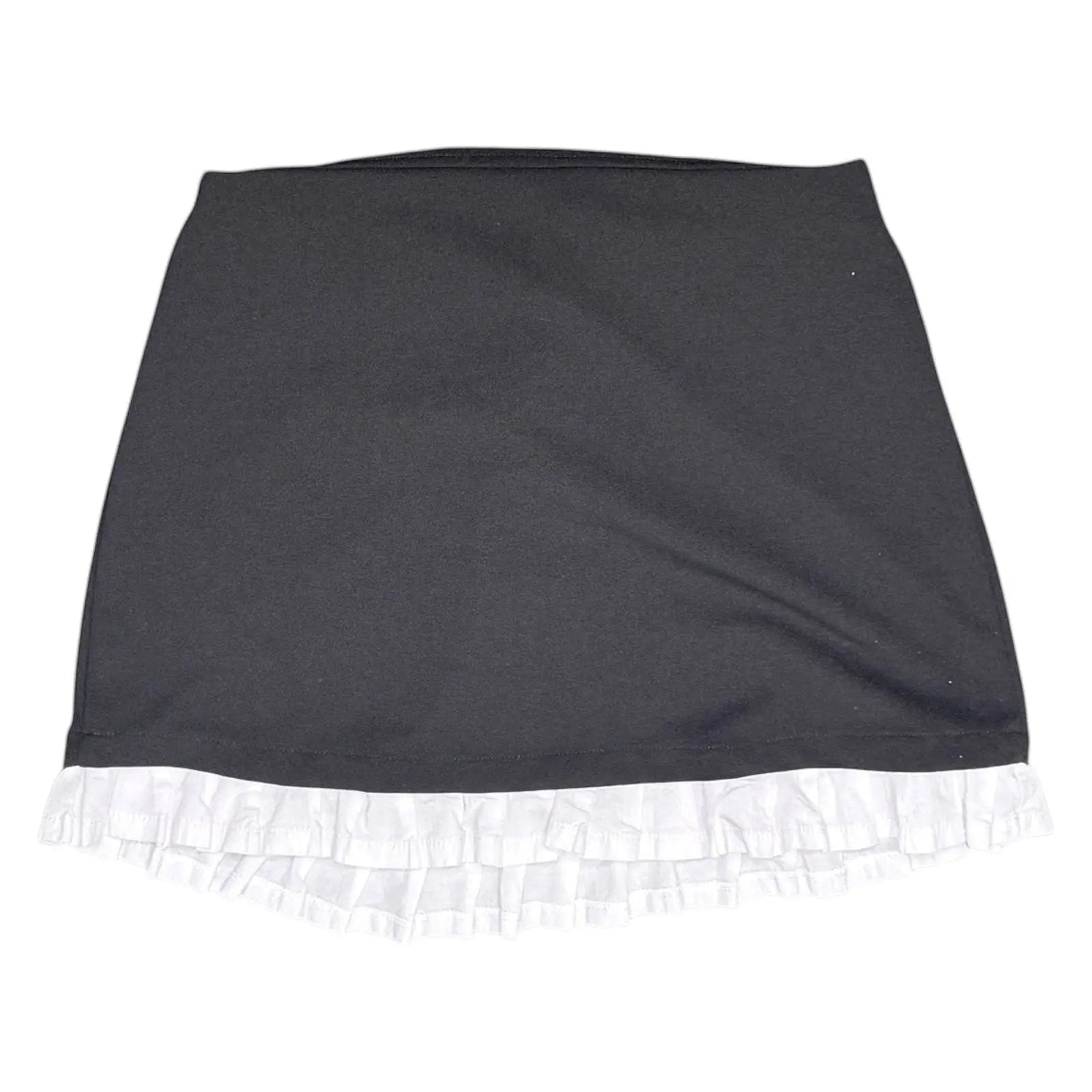 The Room Collective black mini skirt with white ruffled hem. High-waisted, slim fit, stretchy polyester/spandex blend with cotton ruffle.