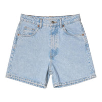 The Room Collective light wash denim shorts with five-pocket styling and zip fly. Size 4.