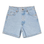 The Room Collective light wash denim shorts with five-pocket styling and zip fly. Size 4.