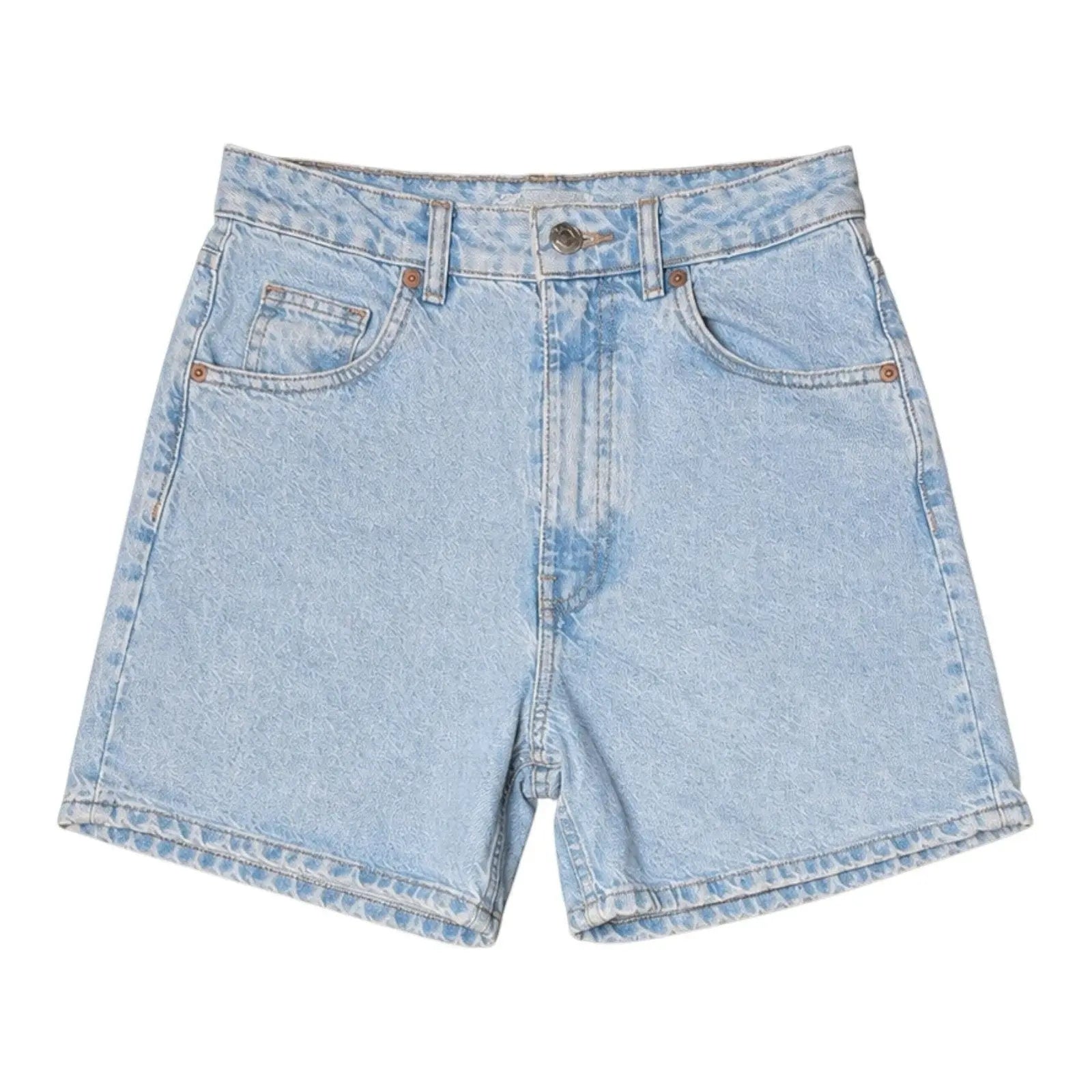 The Room Collective light wash denim shorts with five-pocket styling and zip fly. Size 4.
