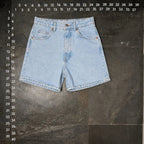 The Room Collective light wash denim shorts, size 4, with five-pocket styling and zip fly.
