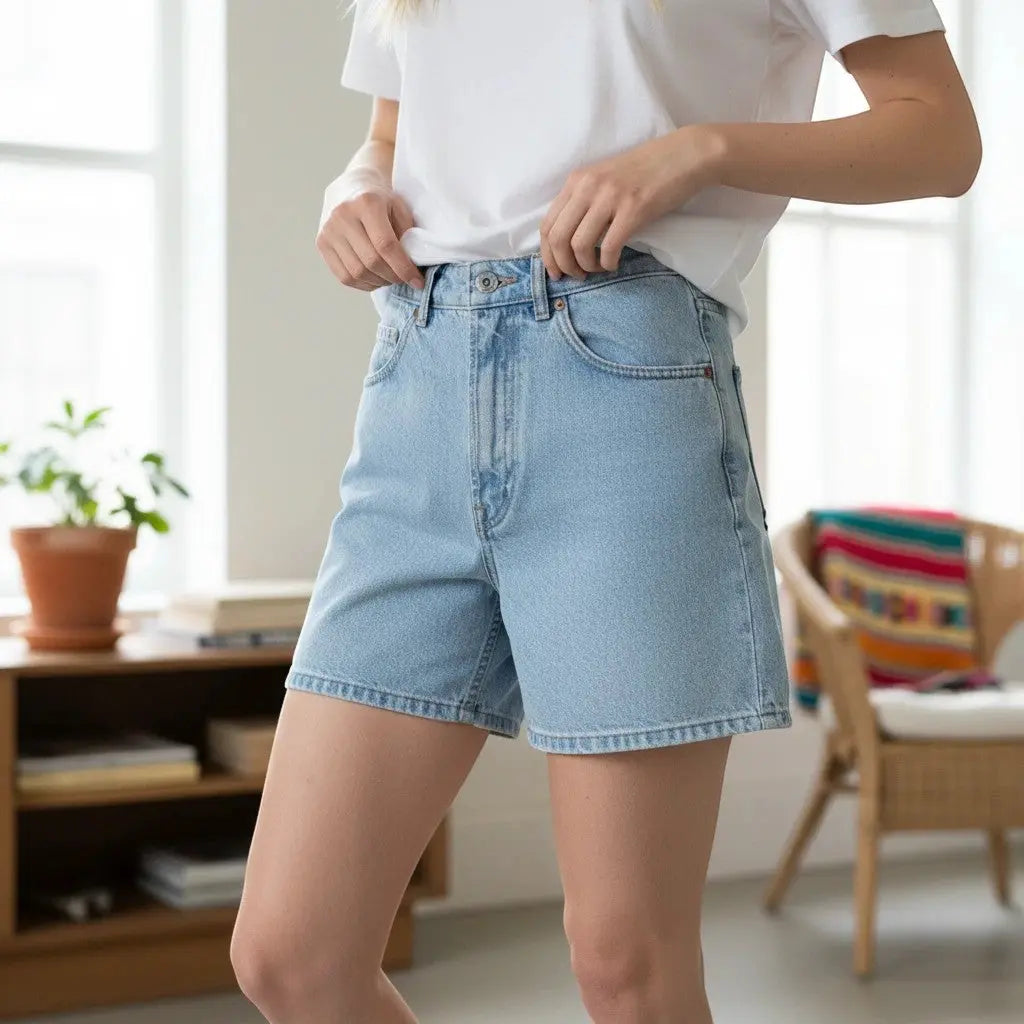 The Room Collective light wash denim shorts with five-pocket styling and zip fly. Size 4.