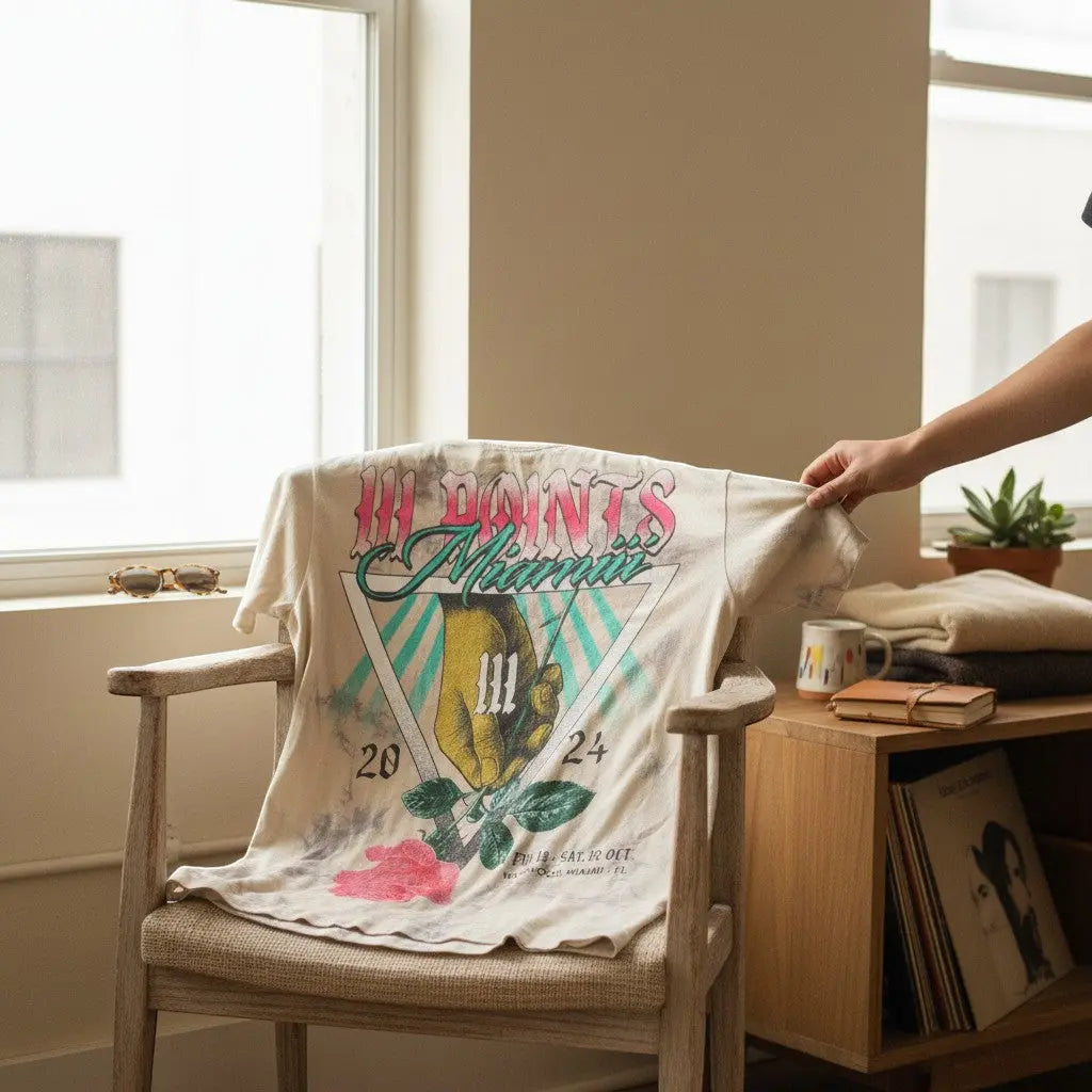 The Room Collective III Points Miami 2024 graphic t-shirt in tan and gray tie-dye. Features a hand and rose design on front and lineup on back. Size Small.