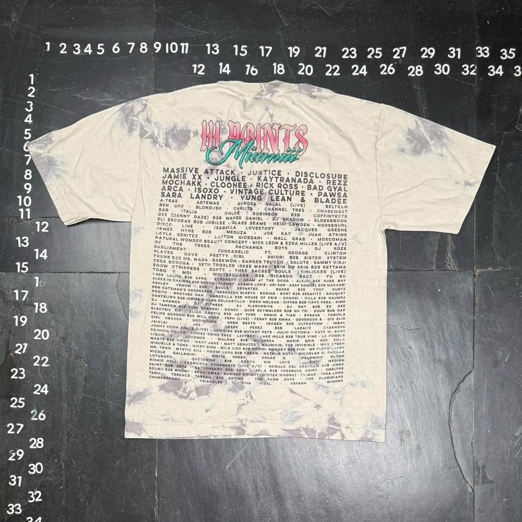 The Room Collective gray and tan tie-dye graphic t-shirt with III Points Miami 2024 lineup and hand-rose design. Size Small.