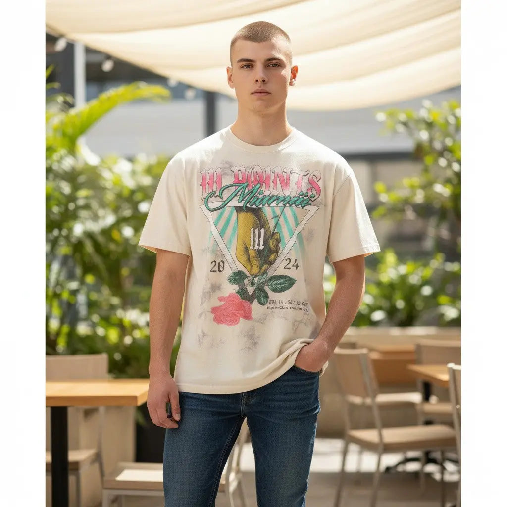 The Room Collective III Points Miami 2024 graphic t-shirt in tan and gray tie-dye cotton. Features a hand and rose design on the front and festival lineup on the back. Size Small.
