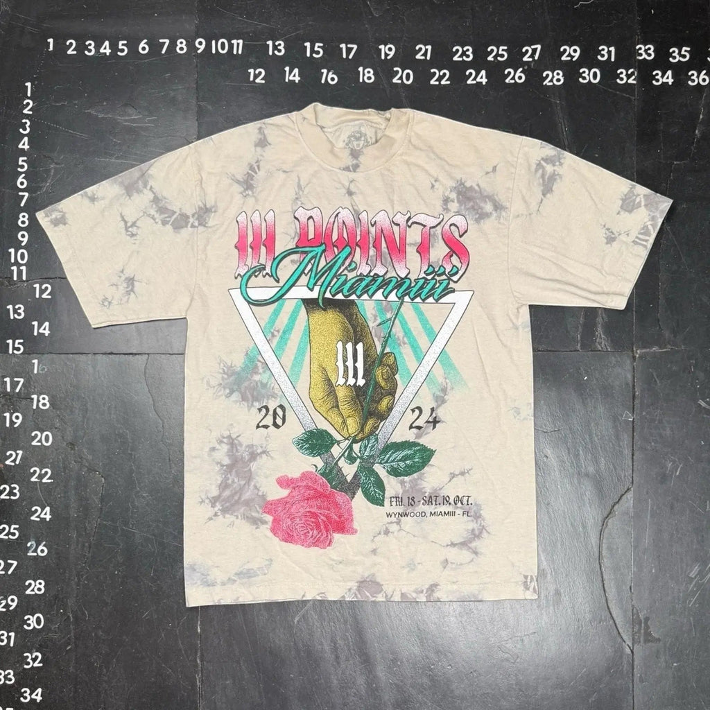 The Room Collective gray and tan tie-dye cotton t-shirt with III Points Miami 2024 graphic, hand and rose design, and artist lineup.