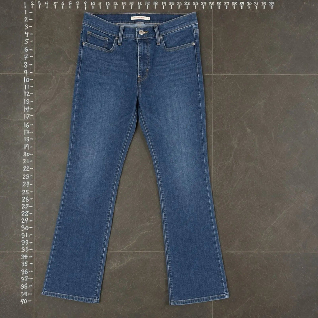 The Room Collective Levi's Women's mid-blue bootcut denim jeans with a mid-rise waist and five-pocket styling.