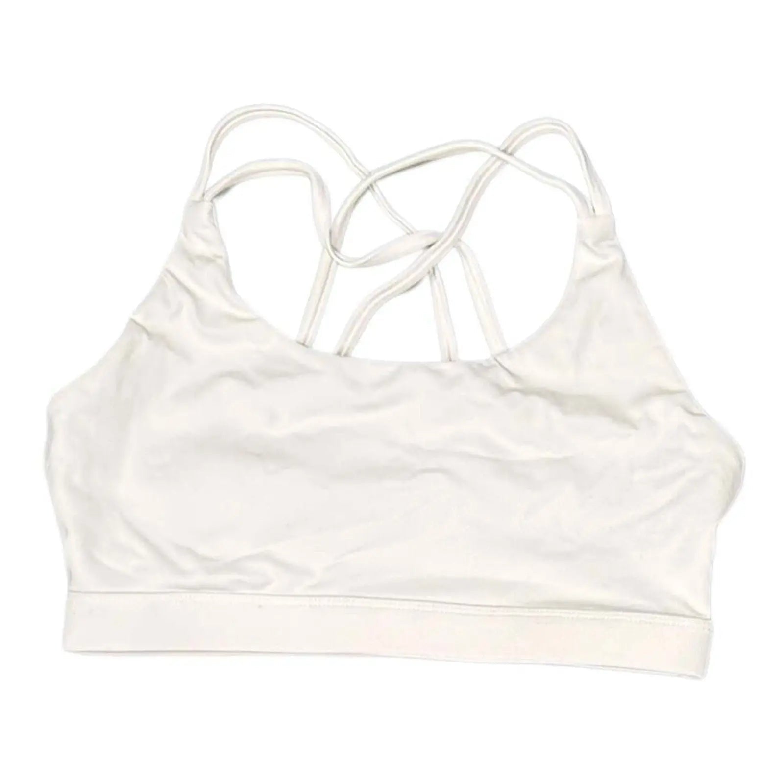 The Room Collective white Lululemon Free to Be Serene bra with strappy back detail, size M. Light support for yoga.