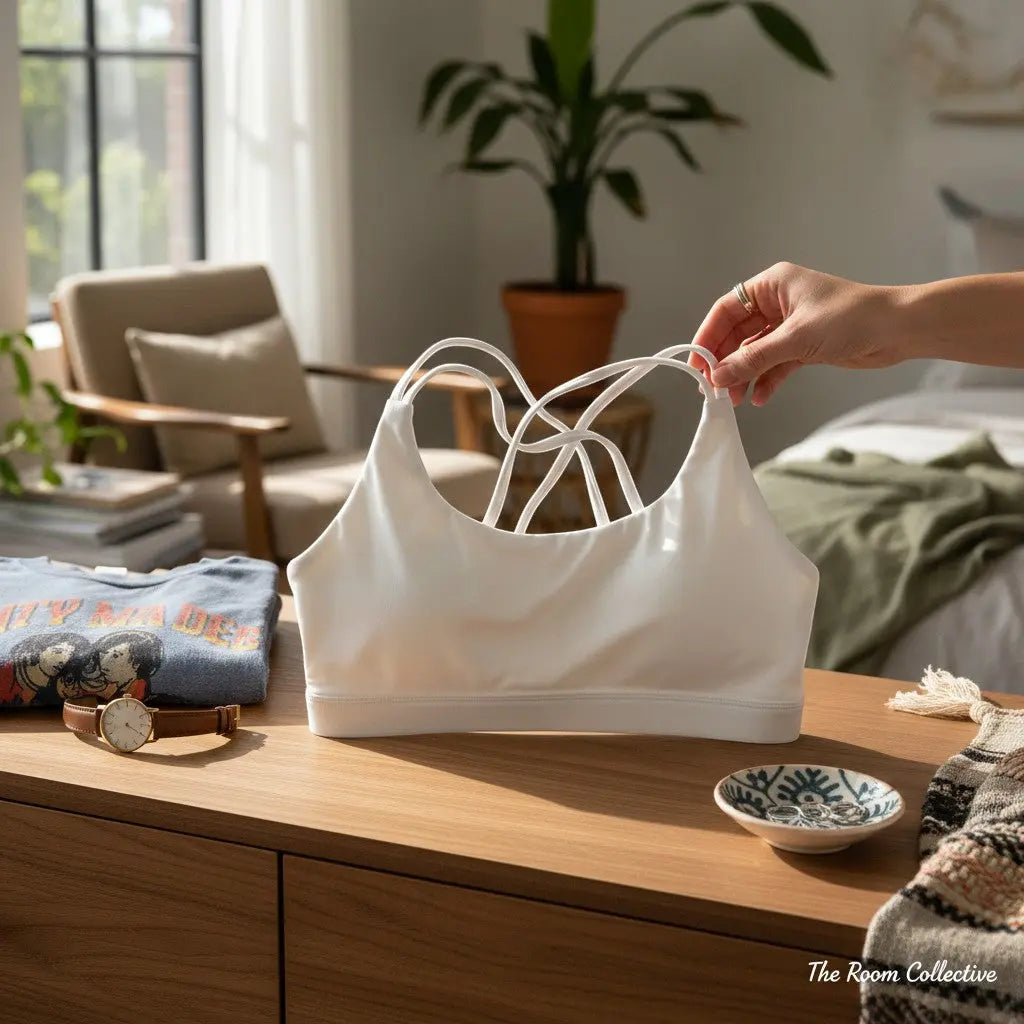 The Room Collective white Lululemon Free to Be Serene bra with strappy back detail, size M. Made from nylon and spandex blend.