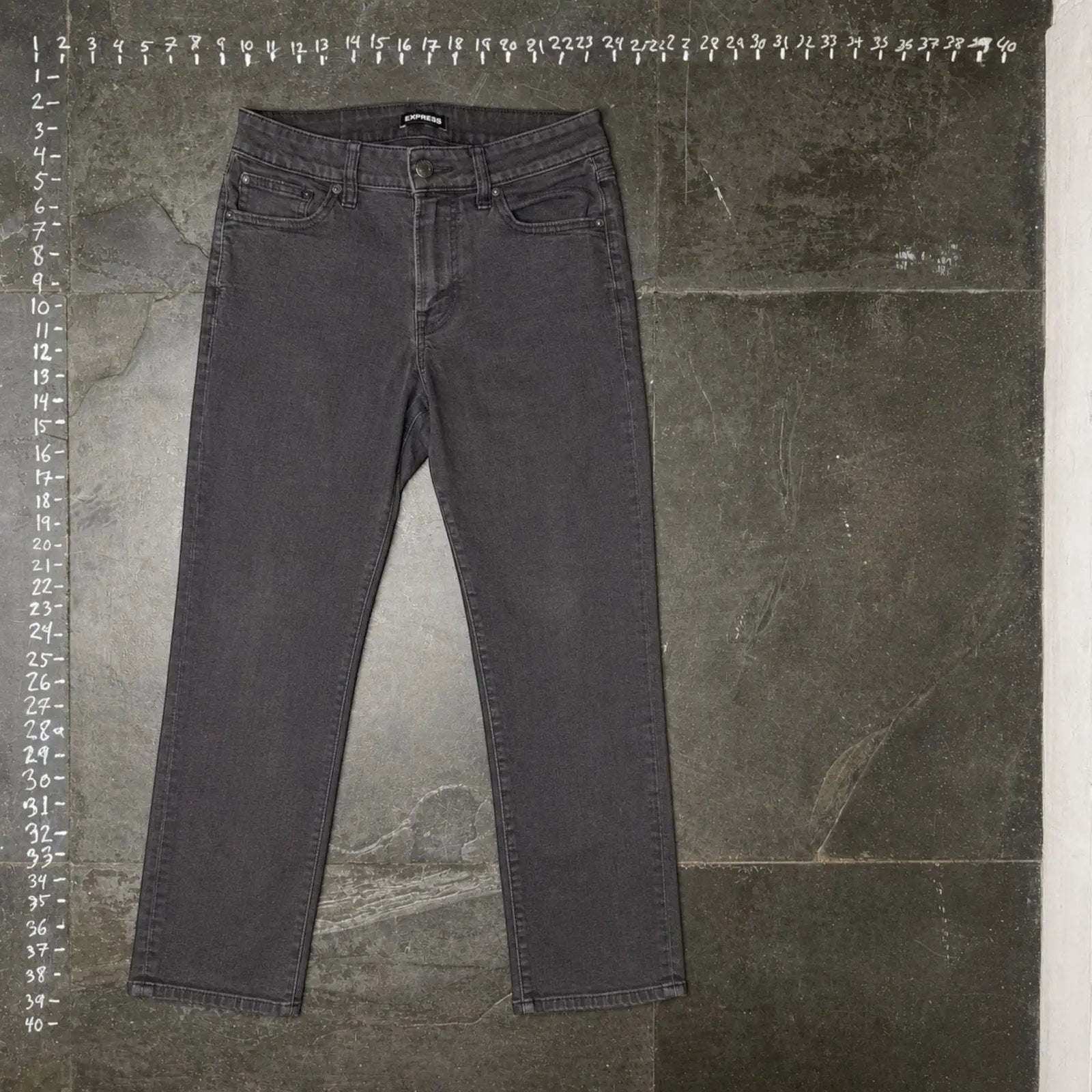 The Room Collective Men's Straight Leg Denim Jeans in charcoal grey wash. Classic five-pocket style.