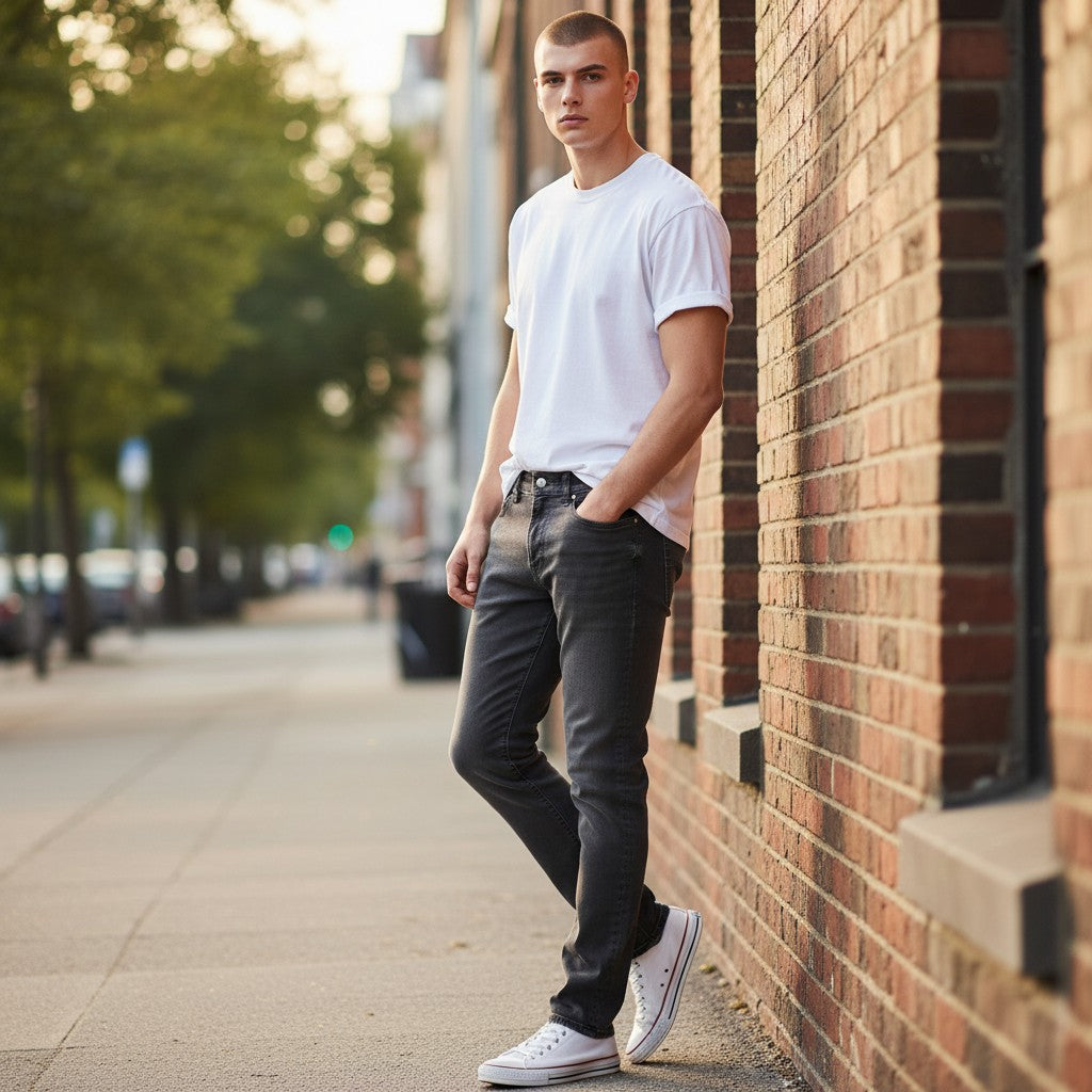 The Room Collective Men's Straight Leg Denim Jeans in charcoal grey. Model wears jeans with a white t-shirt and sneakers.