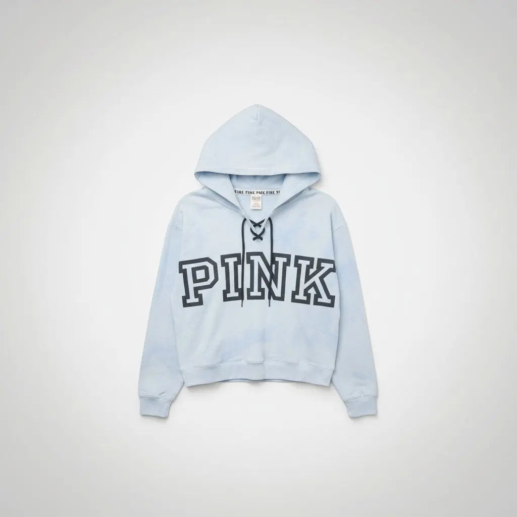 The Room Collective light blue and white tie-dye hoodie with lace-up detail and PINK logo, size M.
