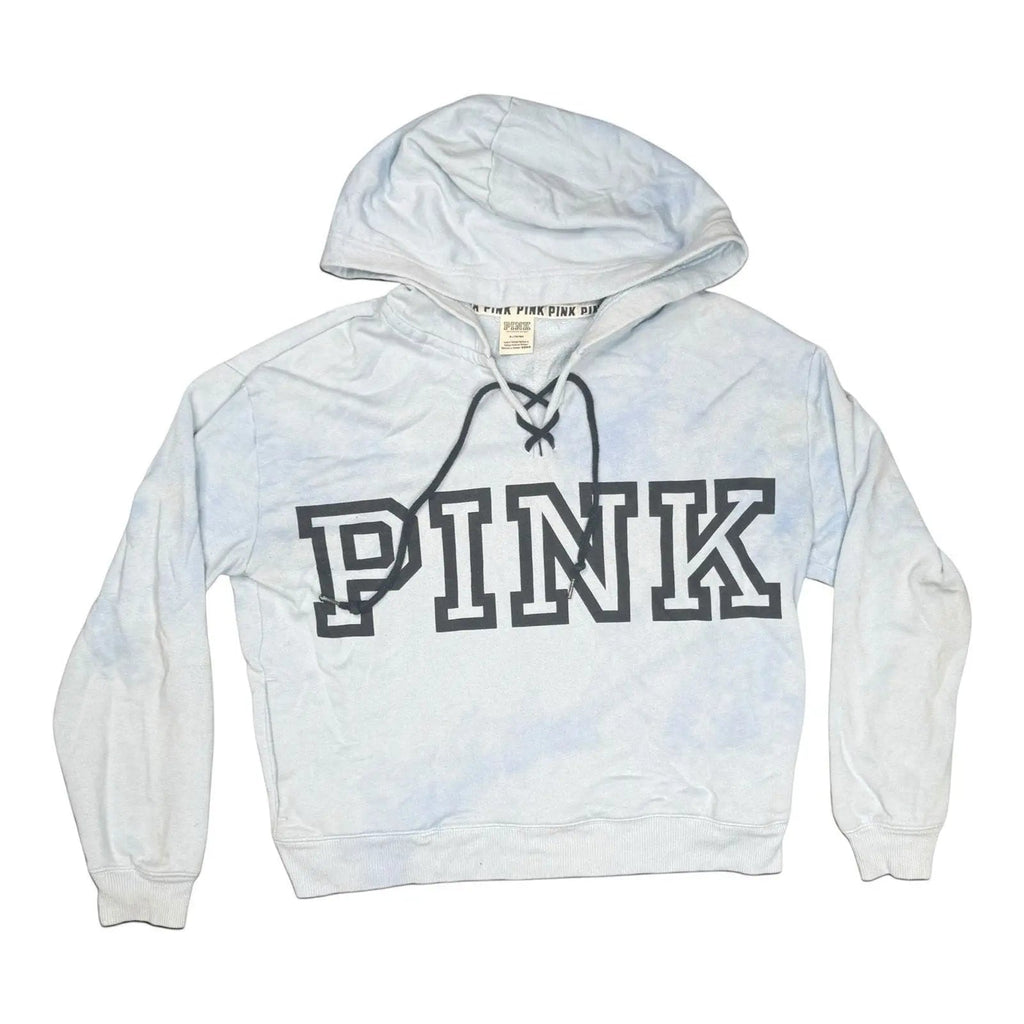 The Room Collective Victoria's Secret PINK light blue tie-dye hoodie with lace-up detail and black logo, size M.