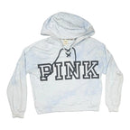 The Room Collective Victoria's Secret PINK light blue tie-dye hoodie with lace-up detail and black logo, size M.