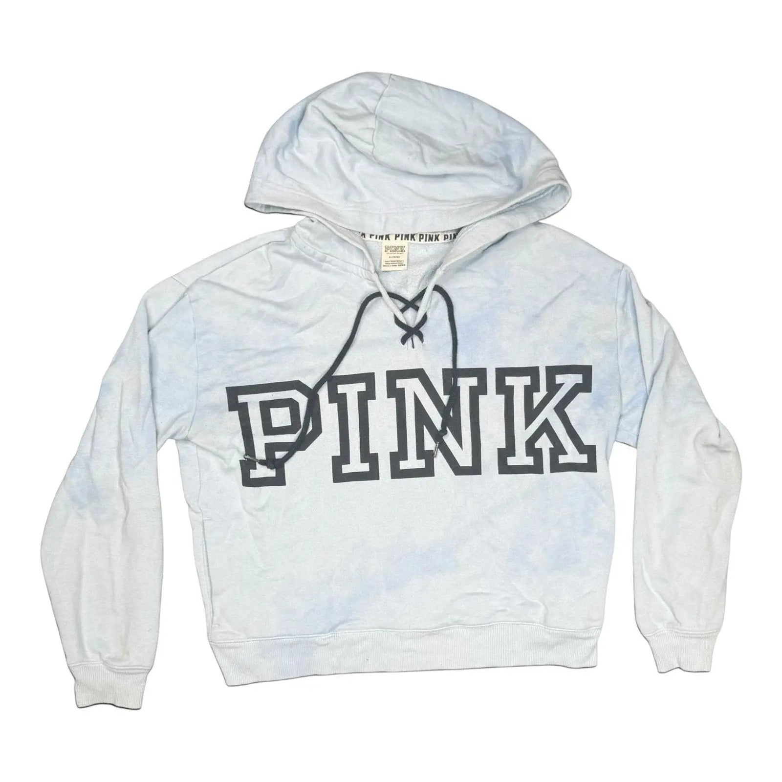 The Room Collective Victoria's Secret PINK light blue tie-dye hoodie with lace-up detail and black logo, size M.