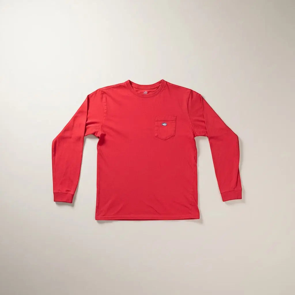The Room Collective Men's red 100% cotton long sleeve t-shirt with chest pocket and skipjack logo, size Small.