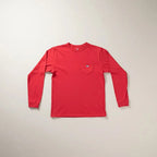 The Room Collective Men's red 100% cotton long sleeve t-shirt with chest pocket and skipjack logo, size Small.