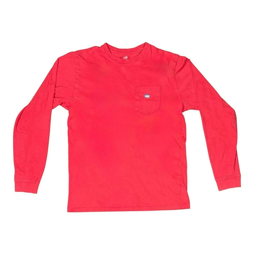 The Room Collective Men's red 100% cotton long sleeve t-shirt with chest pocket and skipjack logo, size Small.