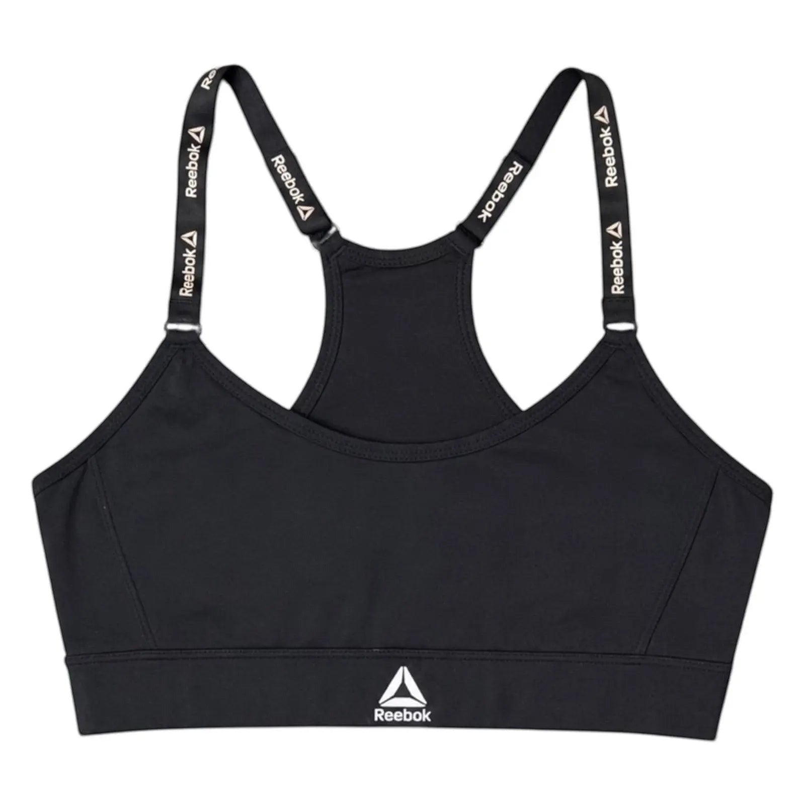 The Room Collective Reebok black logo strap sports bra, size S. Racerback design with performance blend fabric.
