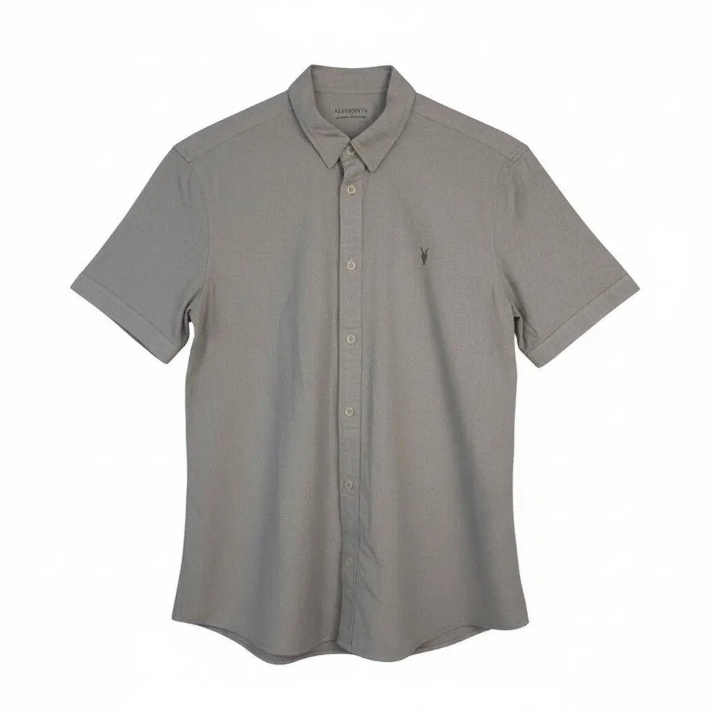 The Room Collective AllSaints grey short sleeve button-down shirt with Ramskull logo embroidery on chest, size L.
