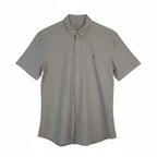 The Room Collective AllSaints grey short sleeve button-down shirt with Ramskull logo embroidery on chest, size L.
