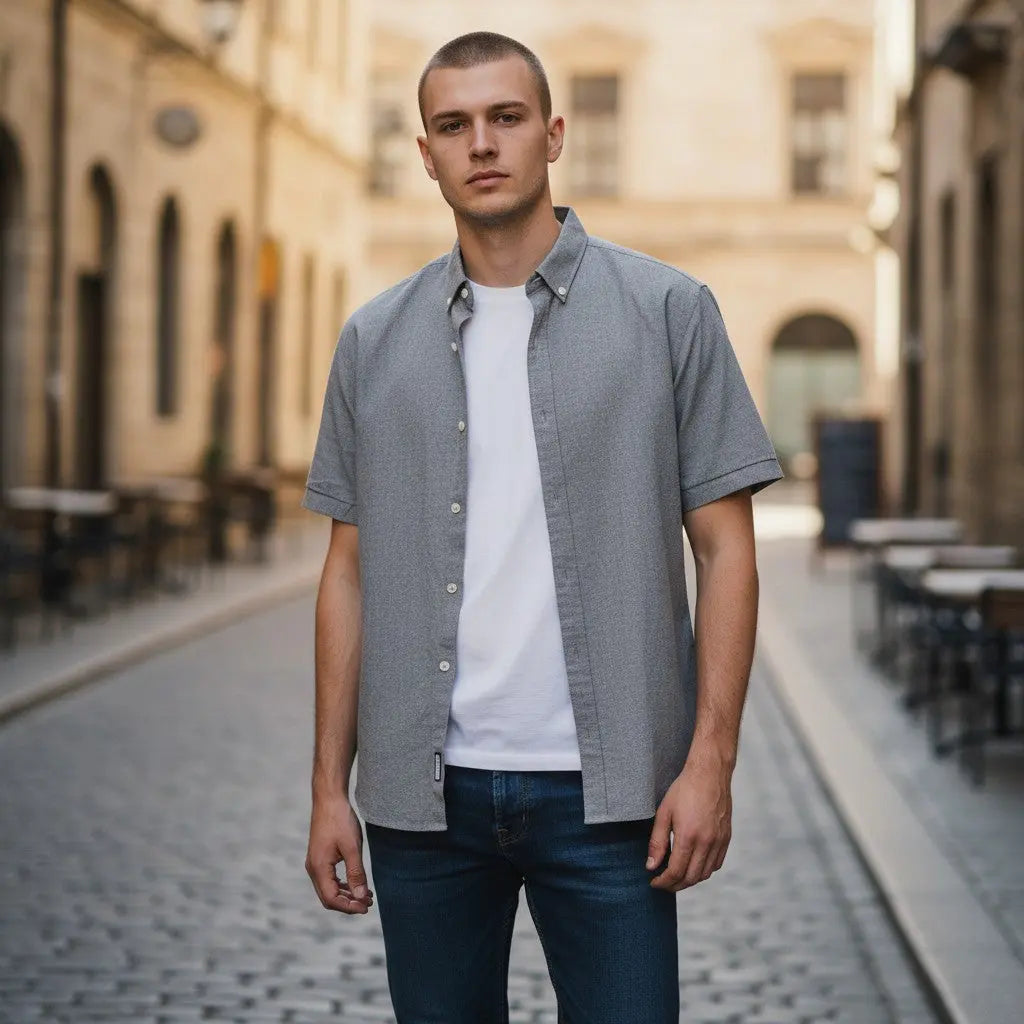 The Room Collective AllSaints Huntingdon grey short sleeve button-down shirt with Ramskull logo. Slim fit, textured cotton blend.
