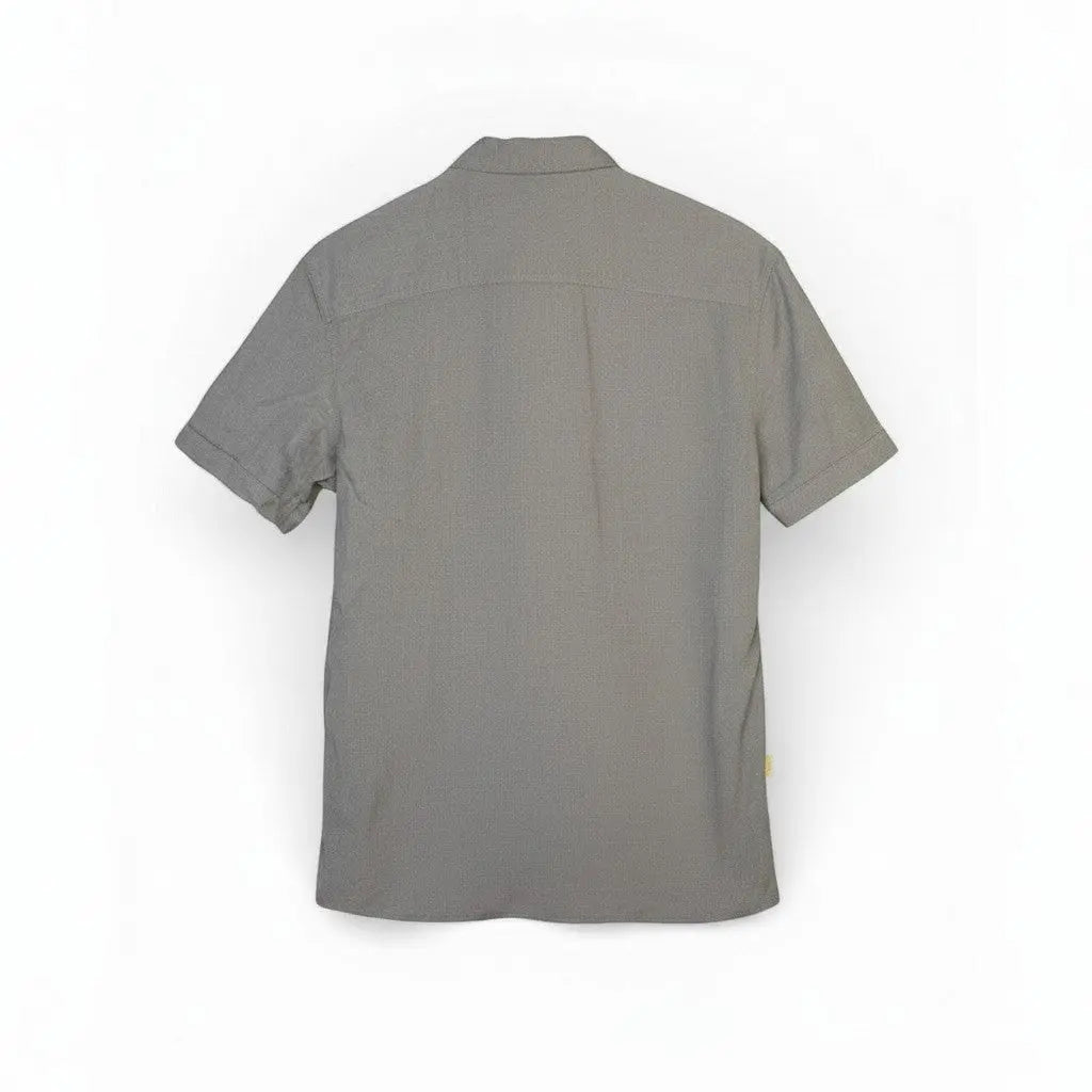 The Room Collective AllSaints Huntingdon grey short sleeve button-down shirt with Ramskull logo, size L. Textured cotton blend fabric.
