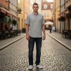 The Room Collective AllSaints Huntingdon grey short sleeve button-down shirt with Ramskull logo. Slim fit, textured cotton blend.