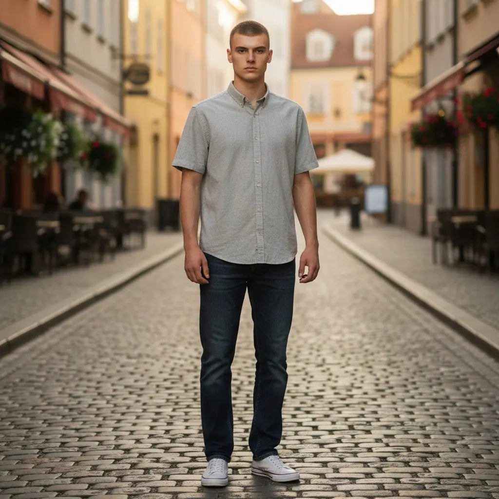 The Room Collective AllSaints Huntingdon grey short sleeve button-down shirt with Ramskull logo. Slim fit, textured cotton blend.