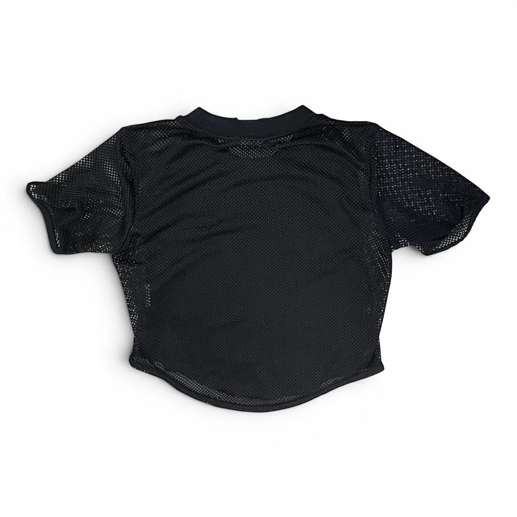 The Room Collective black Nike mesh short sleeve crop top with a white swoosh on the front, size XS.