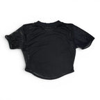 The Room Collective black Nike mesh short sleeve crop top with a white swoosh on the front, size XS.