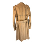 The Room Collective Khaki Tan double-breasted belted trench coat with epaulettes and storm flap.