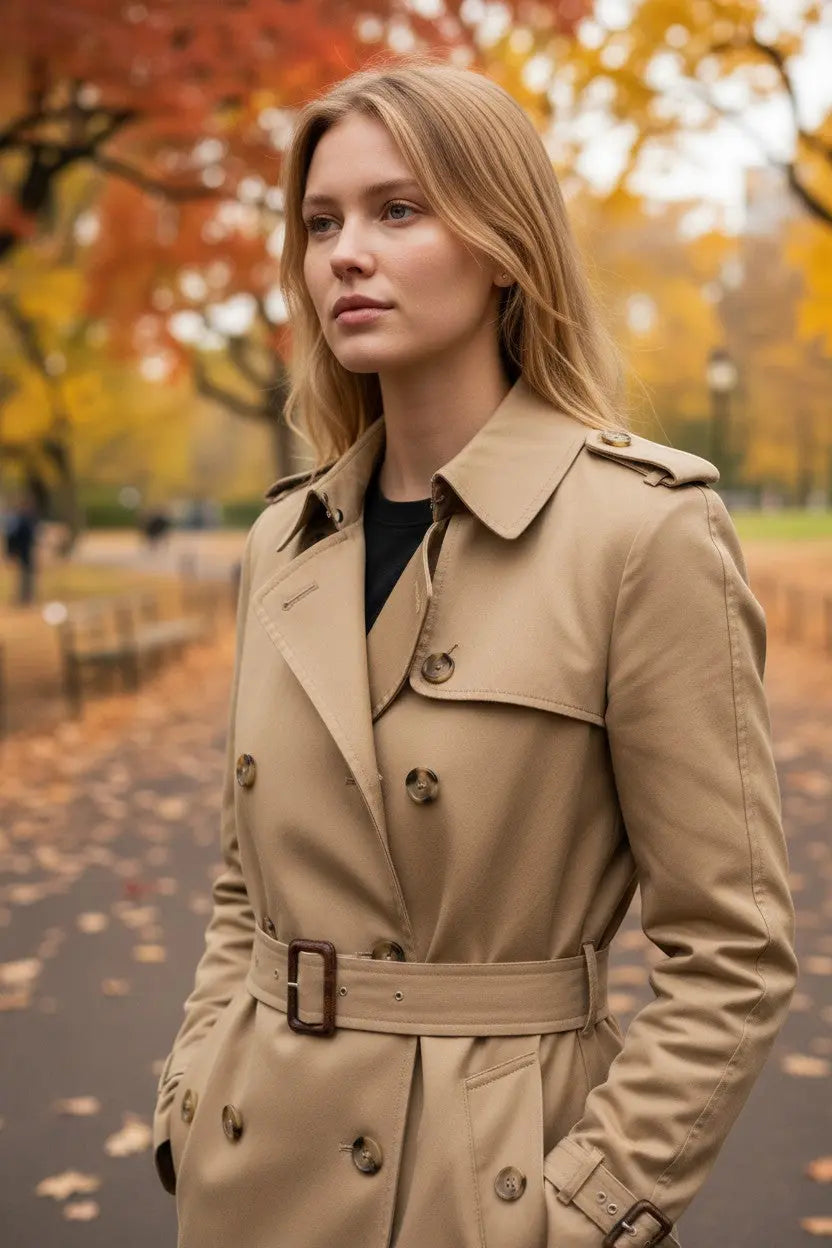 The Room Collective Khaki Tan double-breasted belted trench coat with epaulettes and belted cuffs.
