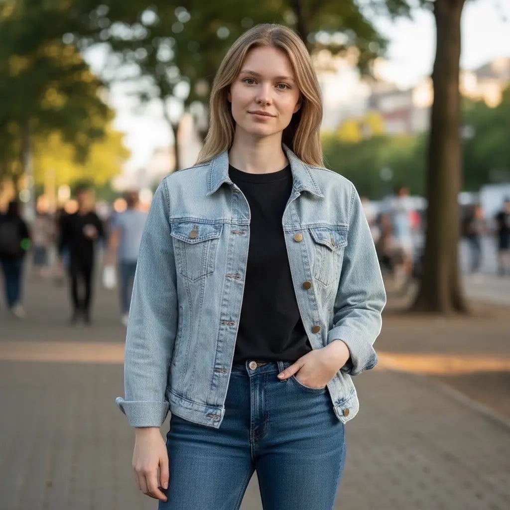 The Room Collective light wash denim trucker jacket on a woman wearing a black t-shirt and blue jeans. Features button front, chest pockets, and classic collar.